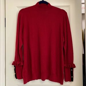 Eloquii Mock Neck Sweater with Ruffle & Button Cuffs, Crimson Red